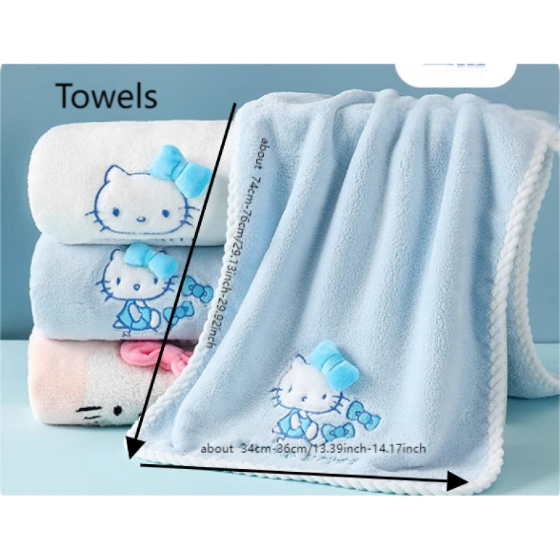 3pcs Sanrio Hello Kitty Bath Towel | Quick-Dry Thick Coral Towels with Hello Kitty Design, Cute Cartoon Theme, Contemporary Style, Fabric, 380 g\u002Fm², Suitable for Women and Adults, Wash Cloths