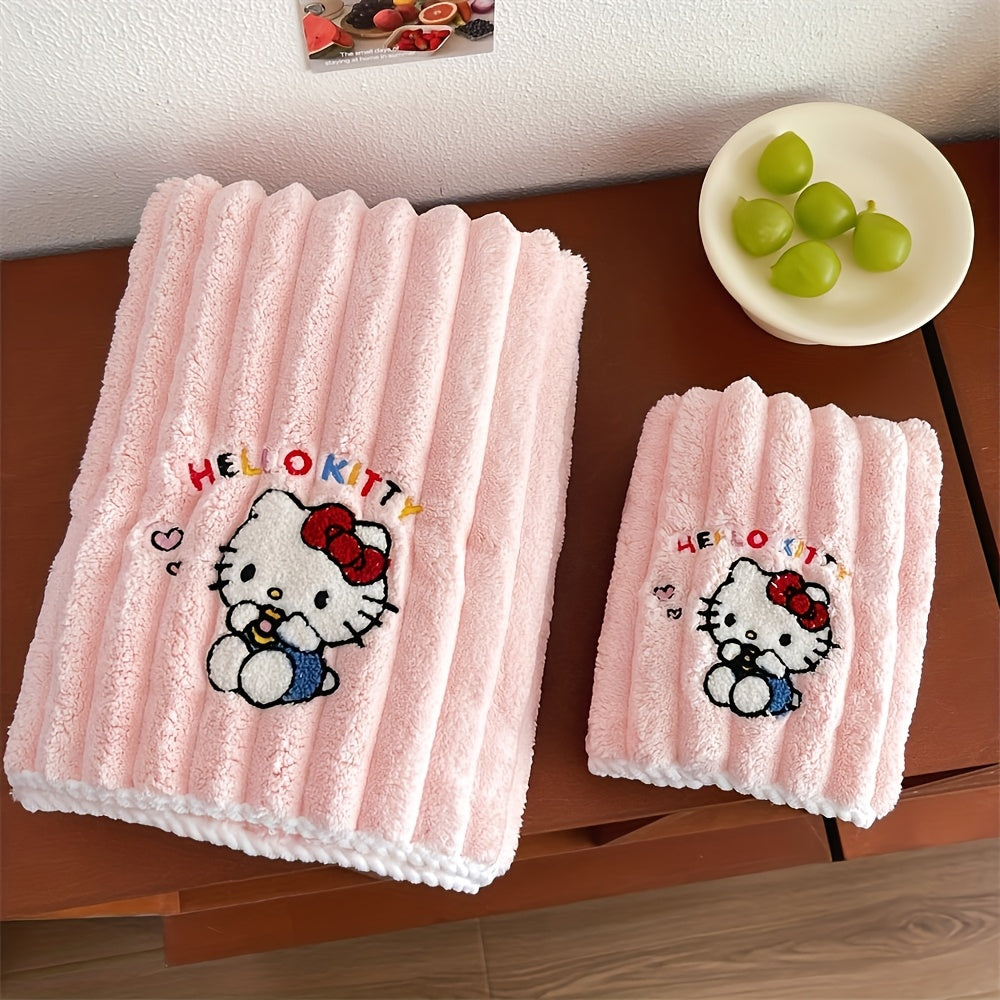 Authorized Sanrio Hello Kitty And Melody Coral Fleece Bath Towel, Quick-Drying Head Towel, Large Bath Towel, Great for Home And Dorm Use, Soft And Comfortable Cloud-Patterned Face And Bath Towel Set